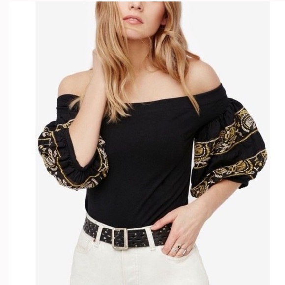 Free People Rock With It Black Embroidered Sleeves Off Shoulder Top Sz S - Picture 2 of 8